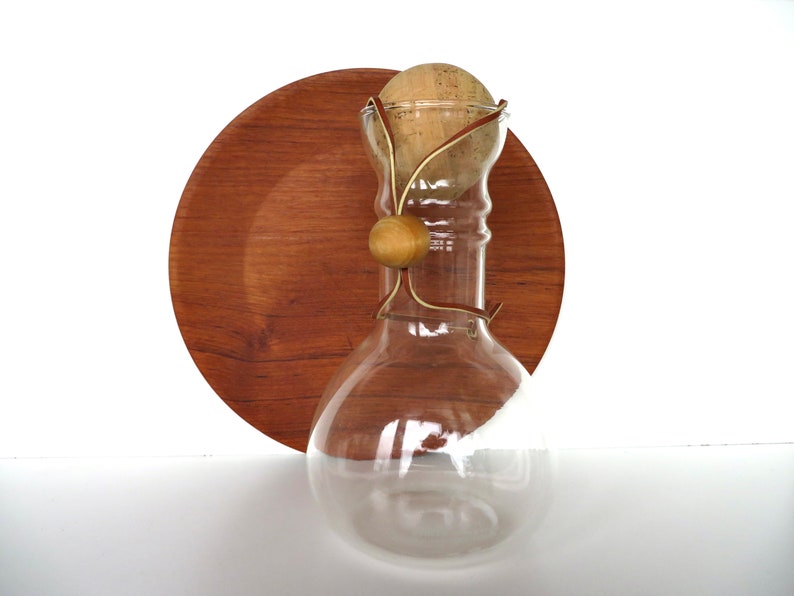 Vintage Modernist Glass Pyrex Decanter With Cork Stopper And Leather Strap 2 available. image 1