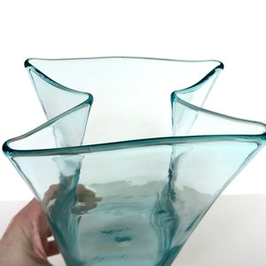 Vintage Blenko Glass Paper Bag Vase In Aqua Blue, 8 1/2 Hand Blown Blenko Glass Art 8813M image 5
