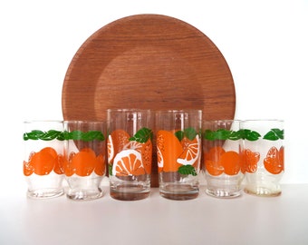 6 Mid Century Modern Orange slice Juice Glasses by Anchor Hocking, 1950s Colorful Fruit Glass Drinkware