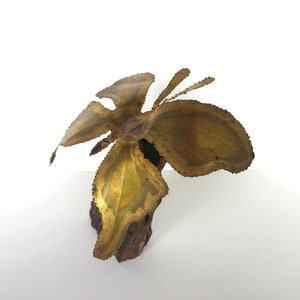 Brutalist Torch Cut Brass Butterfly And Wood Sculpture, 1970s Studio Metal Art Statue image 3