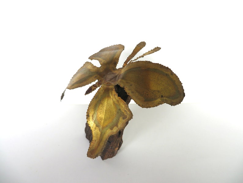 Brutalist Torch Cut Brass Butterfly And Wood Sculpture, 1970s Studio Metal Art Statue image 3