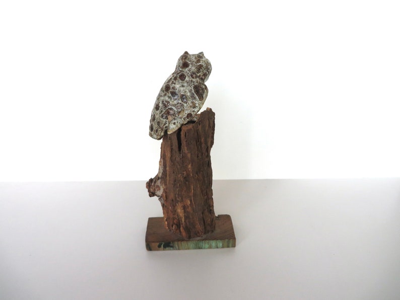 Mid Century Studio Pottery Owl Sculpture, Brutalist Ceramic Owl Sculpture on Wooden Base image 3