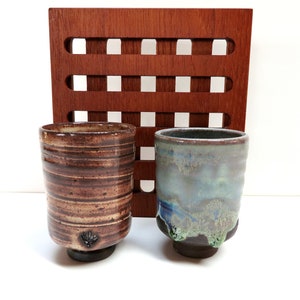 Set of 2 Small Japanese Yunomi Studio Pottery Cups, Hand Crafted Small Tea Bowl / Sake Cups In Brown and Blue Green image 3