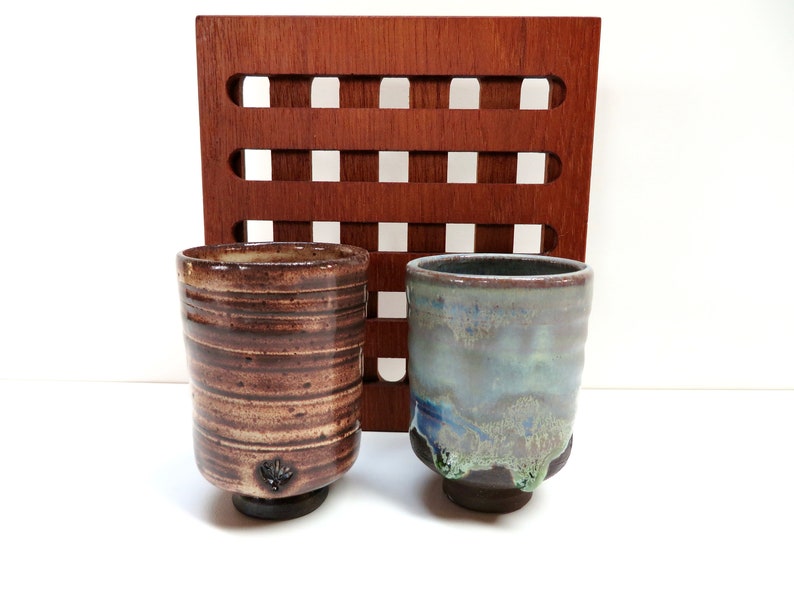 Set of 2 Small Japanese Yunomi Studio Pottery Cups, Hand Crafted Small Tea Bowl / Sake Cups In Brown and Blue Green image 3
