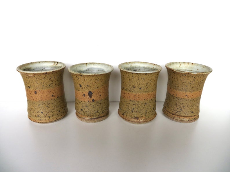 4 Vintage Studio Pottery Tumblers, Handmade 10oz Stoneware Drinking Cups WIth Speckled Glaze image 5
