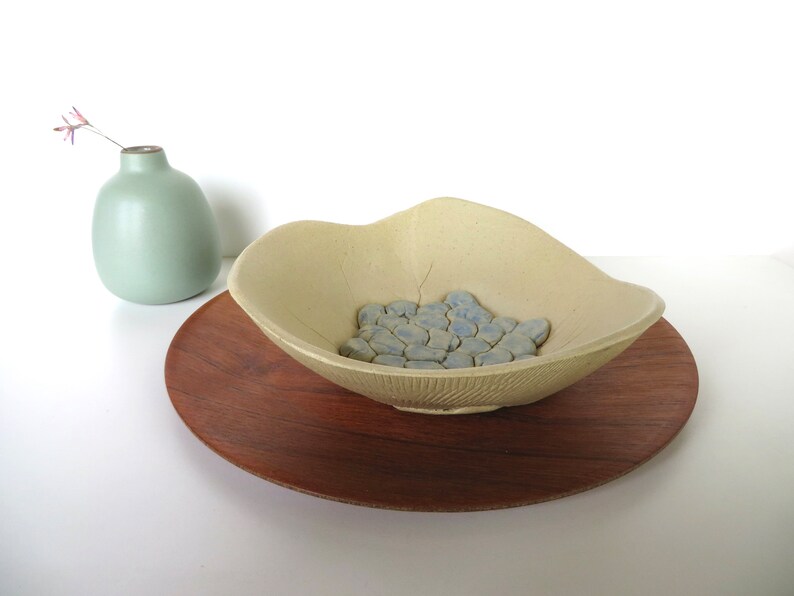 Contemporary Studio Ceramic Bowl, Vintage Hand Made Studio Pottery Art in Beige and Blue, Floral Art Dish image 1