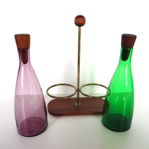 Danish Modern Teak Cruet Set With Blown Glass Oil and Vinegar Bottles image 5