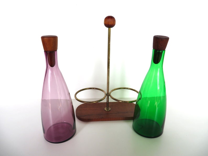 Danish Modern Teak Cruet Set With Blown Glass Oil and Vinegar Bottles image 5