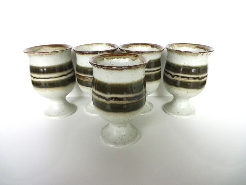 Set Of 5 Otagiri Stoneware Goblets, Vintage Japanese Pottery Pedestal Cups With Green Stripes image 2