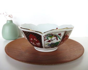 Vintage Japanese Phoenix Imari Lotus Bowl, 7" Hand Painted Porcelain Petal Serving Dish With Gold Trim