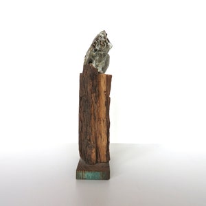Mid Century Studio Pottery Owl Sculpture, Brutalist Ceramic Owl Sculpture on Wooden Base image 8