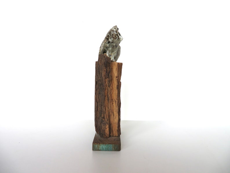Mid Century Studio Pottery Owl Sculpture, Brutalist Ceramic Owl Sculpture on Wooden Base image 8