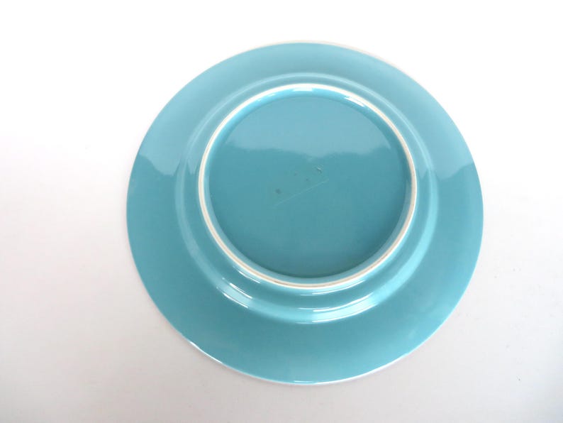 May include: A turquoise ceramic plate with a white rim. The plate is round and has a slightly raised edge. The underside of the plate is visible, showing a smooth, glossy finish.