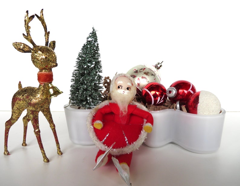 Vintage Santa and Reindeer Christmas Decor Set, Gold Glitter Plastic Reindeer and Spun Cotton Santa Figurine, Vintage Holiday Decor image 7