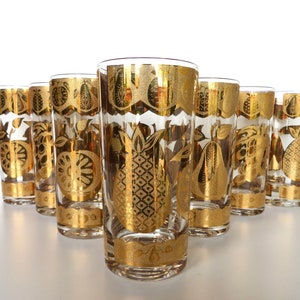 Set of 7 Culver Florentine Highball Glasses, MCM Gold Fruit Tumblers, 1960s  22kt Gold Barware