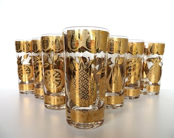 Set of 7 Culver Florentine Highball Glasses, MCM Gold Fruit Tumblers, 1960s  22kt Gold Barware