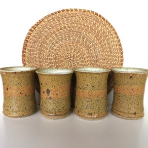 4 Vintage Studio Pottery Tumblers, Handmade 10oz Stoneware Drinking Cups WIth Speckled Glaze image 2