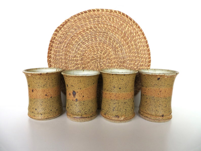 4 Vintage Studio Pottery Tumblers, Handmade 10oz Stoneware Drinking Cups WIth Speckled Glaze image 2