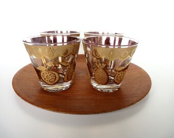 Set of 4 Culver Florentine Tapered Lowball Glasses, MCM Gold Fruit Tumblers, 1960s  22kt Gold Barware