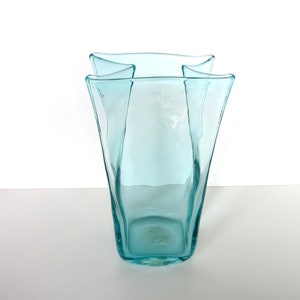 Vintage Blenko Glass Paper Bag Vase In Aqua Blue, 8 1/2 Hand Blown Blenko Glass Art 8813M image 6
