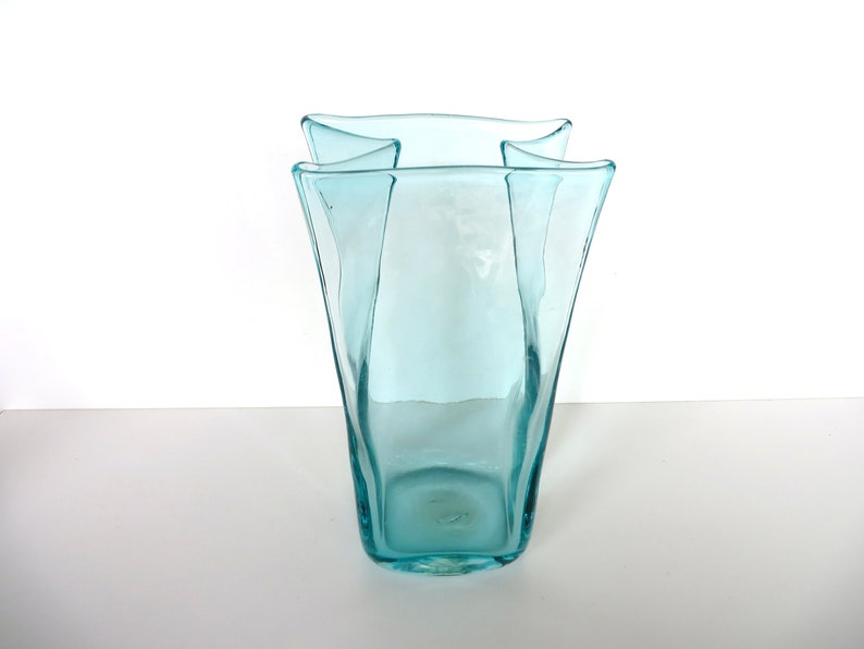 Vintage Blenko Glass Paper Bag Vase In Aqua Blue, 8 1/2 Hand Blown Blenko Glass Art 8813M image 6