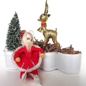 Vintage Santa and Reindeer Christmas Decor Set, Gold Glitter Plastic Reindeer and Spun Cotton Santa Figurine, Vintage Holiday Decor image 1