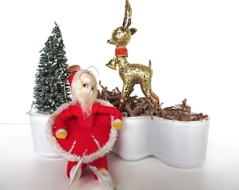 Vintage Santa and Reindeer Christmas Decor Set, Gold Glitter Plastic Reindeer and Spun Cotton Santa Figurine, Vintage Holiday Decor