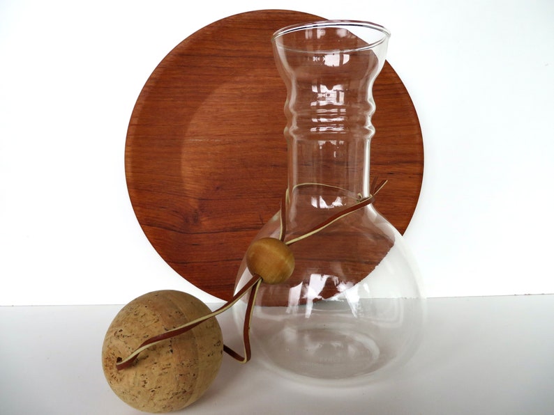 Vintage Modernist Glass Pyrex Decanter With Cork Stopper And Leather Strap 2 available. image 6