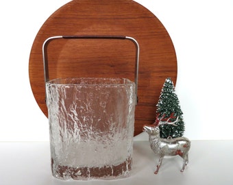 Vintage Hoya Glacier Ice Bucket From Japan, 1970s Textural Ice Bark Glass Barware