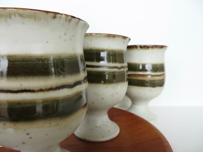 Set Of 5 Otagiri Stoneware Goblets, Vintage Japanese Pottery Pedestal Cups With Green Stripes image 7