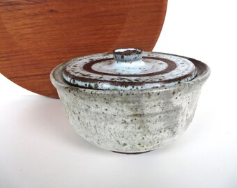 Mid Century Studio Pottery Lidded Dish, Hand Thrown Covered Pottery Bowl With Frothy Glaze, Vintage Wabi Sabi Pottery Gift