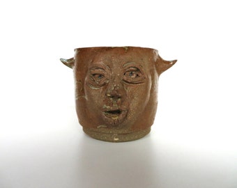 Vintage Studio Pottery Devil Face Mug, Figural Stoneware Coffee Mug