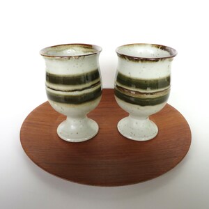 Set Of 5 Otagiri Stoneware Goblets, Vintage Japanese Pottery Pedestal Cups With Green Stripes image 4