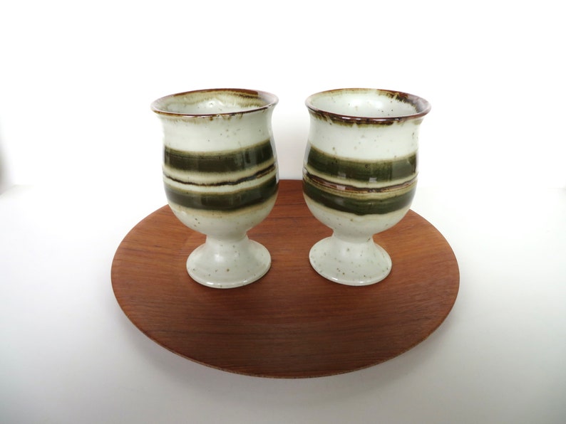 Set Of 5 Otagiri Stoneware Goblets, Vintage Japanese Pottery Pedestal Cups With Green Stripes image 4