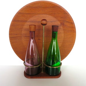 Danish Modern Teak Cruet Set With Blown Glass Oil and Vinegar Bottles image 3