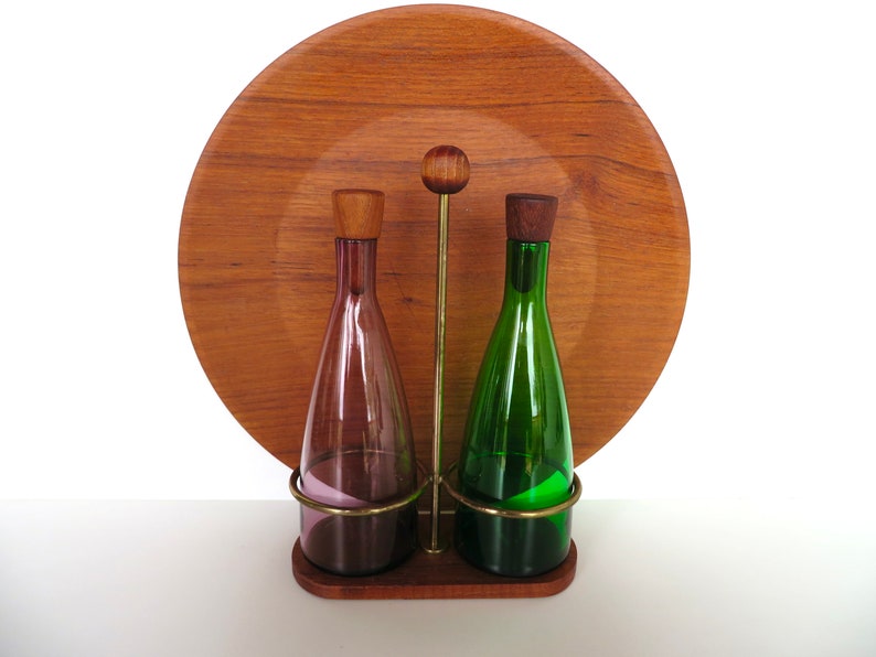 Danish Modern Teak Cruet Set With Blown Glass Oil and Vinegar Bottles image 3