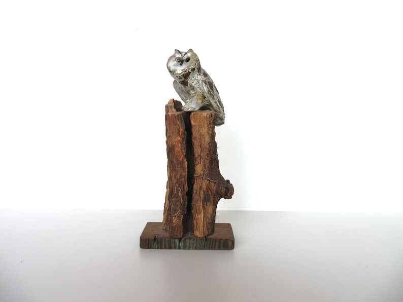 Mid Century Studio Pottery Owl Sculpture, Brutalist Ceramic Owl Sculpture on Wooden Base image 1