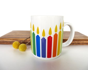 Vintage Rainbow Birthday Candle Mug, 80s Preppy Rainbow Celebrate Coffee Mug, LGBTQ Pride Mug