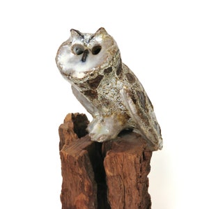 Mid Century Studio Pottery Owl Sculpture, Brutalist Ceramic Owl Sculpture on Wooden Base image 2
