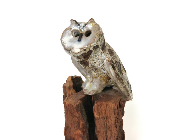 Mid Century Studio Pottery Owl Sculpture, Brutalist Ceramic Owl Sculpture on Wooden Base image 2