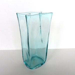 Vintage Blenko Glass Paper Bag Vase In Aqua Blue, 8 1/2 Hand Blown Blenko Glass Art 8813M image 2