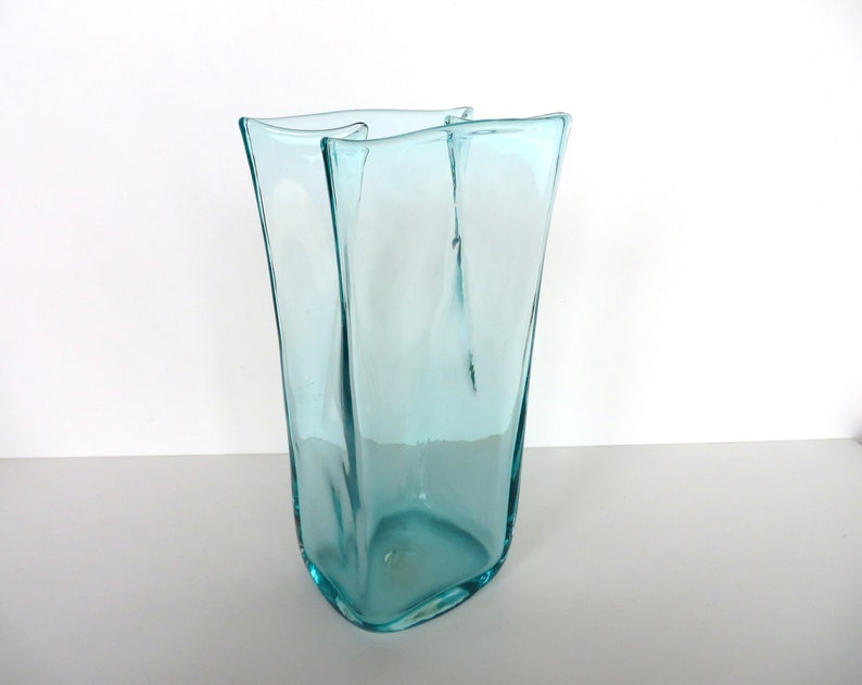 Vintage Blenko Glass Paper Bag Vase In Aqua Blue, 8 1/2 Hand Blown Blenko Glass Art 8813M image 2