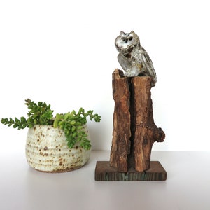 Mid Century Studio Pottery Owl Sculpture, Brutalist Ceramic Owl Sculpture on Wooden Base image 6