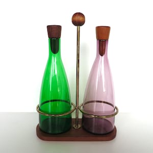 Danish Modern Teak Cruet Set With Blown Glass Oil and Vinegar Bottles image 1