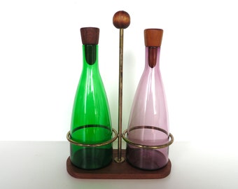 Danish Modern Teak Cruet Set With Blown Glass Oil and Vinegar Bottles