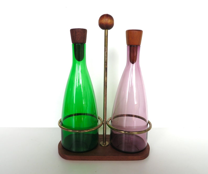 Danish Modern Teak Cruet Set With Blown Glass Oil and Vinegar Bottles image 1