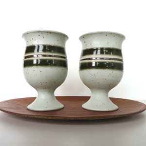 Set Of 2 Otagiri Stoneware Goblets, Vintage Japanese Pottery Striped Green Pedestal Cups image 2