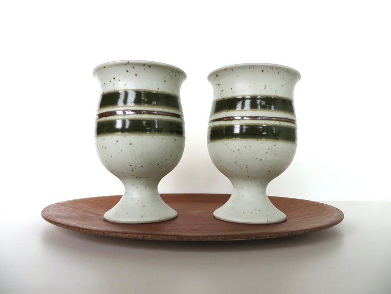 Set Of 2 Otagiri Stoneware Goblets, Vintage Japanese Pottery Striped Green Pedestal Cups image 2