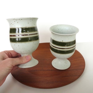 Set Of 2 Otagiri Stoneware Goblets, Vintage Japanese Pottery Striped Green Pedestal Cups image 7