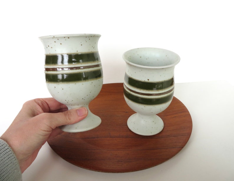 Set Of 2 Otagiri Stoneware Goblets, Vintage Japanese Pottery Striped Green Pedestal Cups image 7